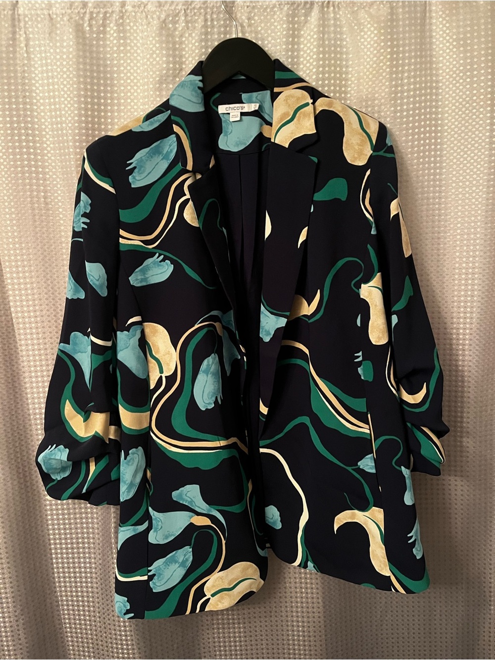 Chico's Navy Abstract Floral Gathered 3/4 Sleeve Blazer